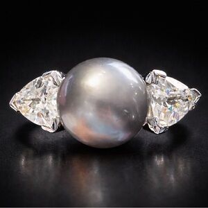 Suzanne Somers vintage black pearl trilliant cut CZ sterling silver ring HSN